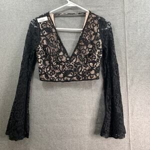 FOREVER 21 Cropped Top Longsleeve Shirt Women Small Black Lace Shirt Ladies